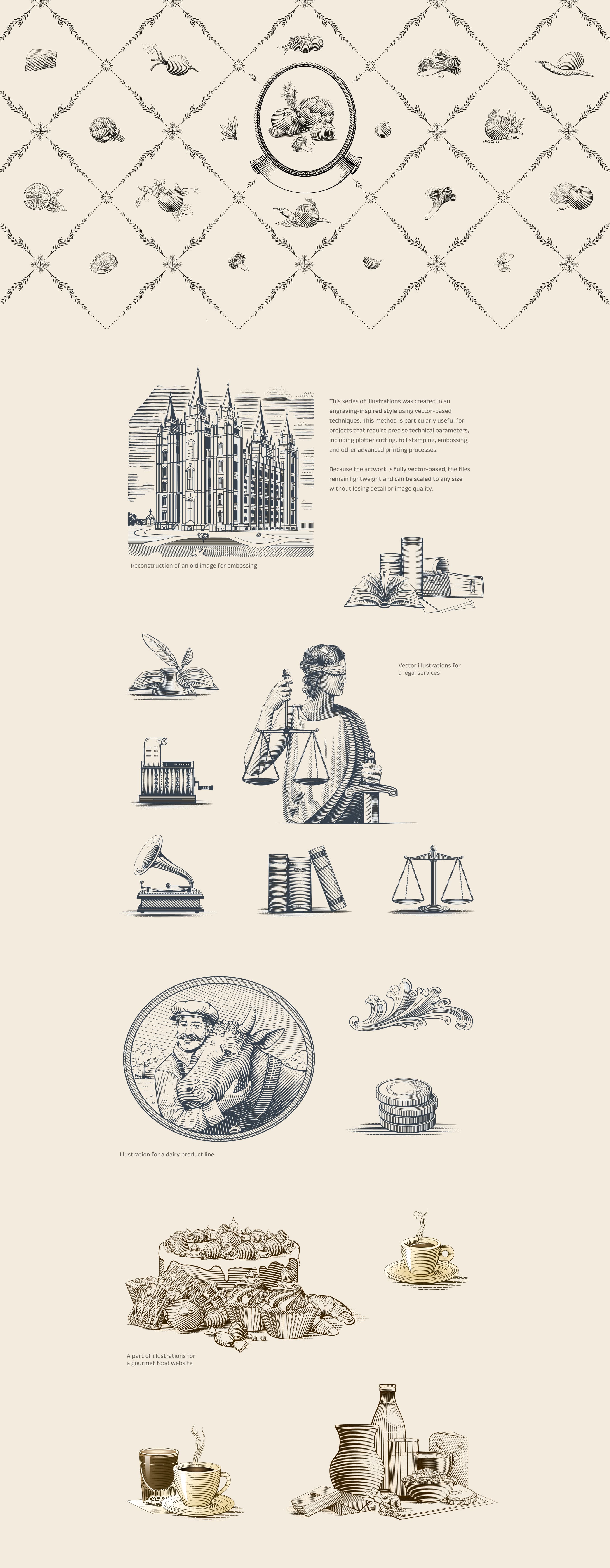 Engraving style small illustrations